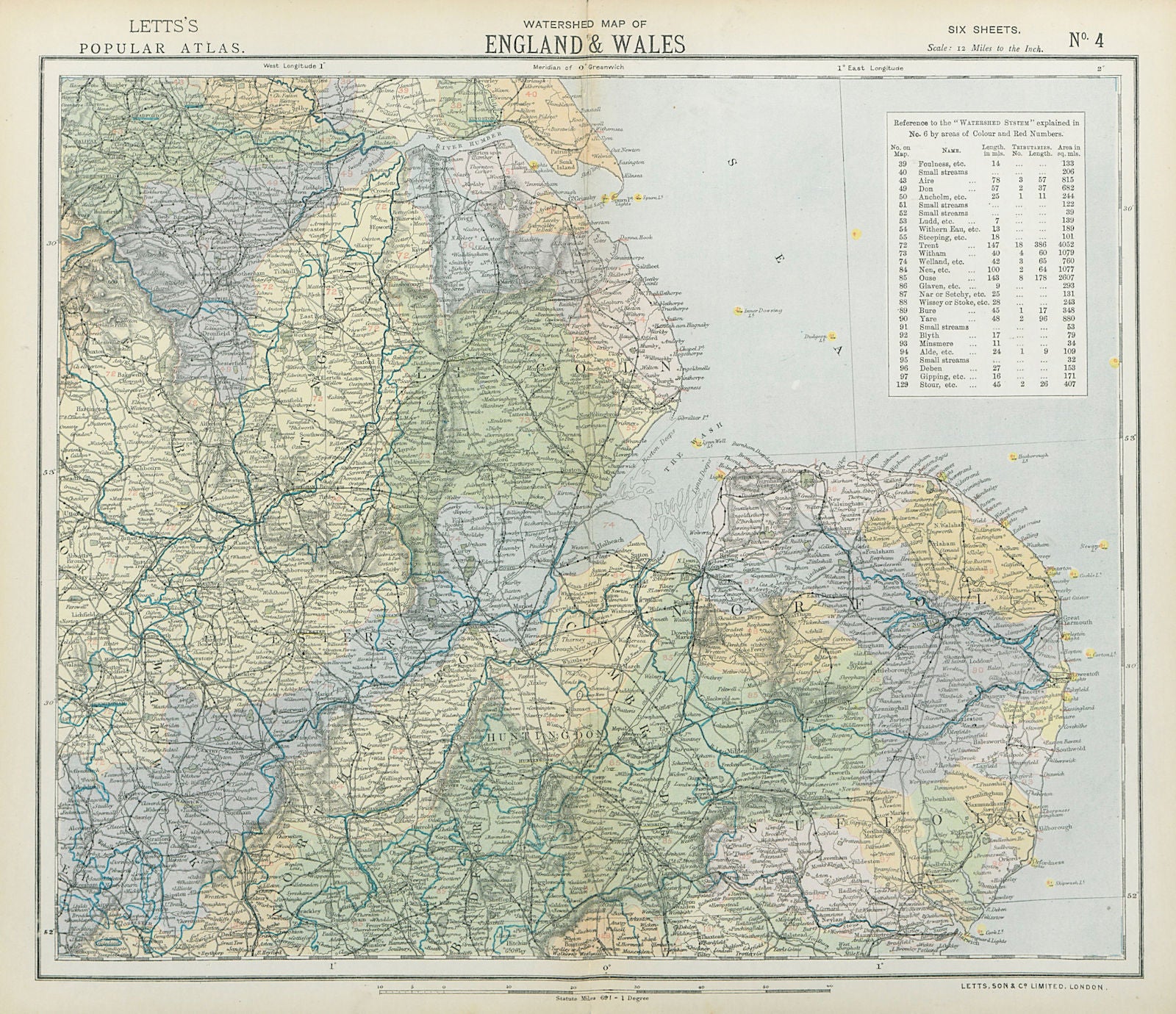 ENGLAND EAST WATERSHEDS Lighthouses. Midlands/Anglia Lincolnshire LETTS 1883 map